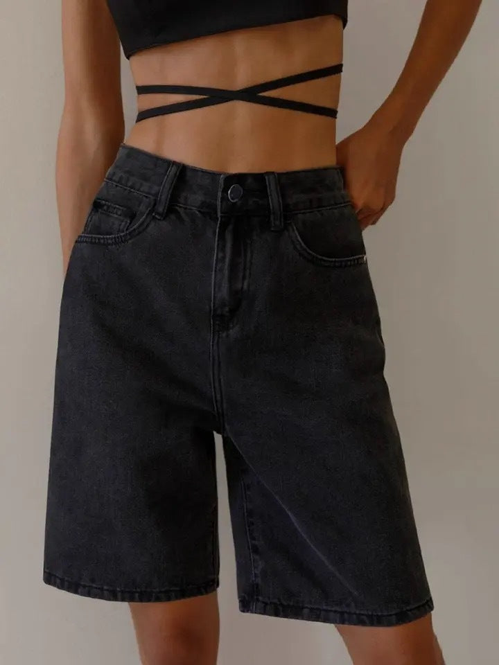 90s streetwear American Retro 2024 Summer New Denim Fifth Pants Women's Design Sense Niche Loose Wide Leg Straight Pants Fashion