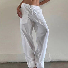 casual summer outfits American Retro White Overalls Kendou Casual Slimming Wide-Leg Pants Mopping Low Waist Hot Girl Drawstring Trousers