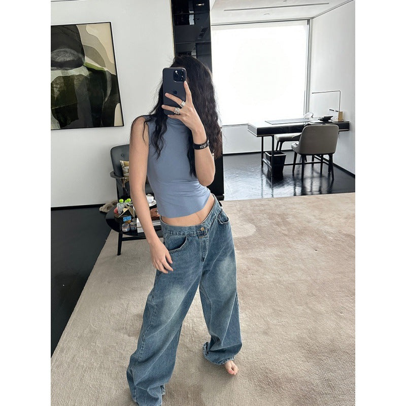 y2k outfits American Retro Jeans Design Waist Head Flanging Loose Wide-Leg Pants Simple Casual Straight Pants Ins