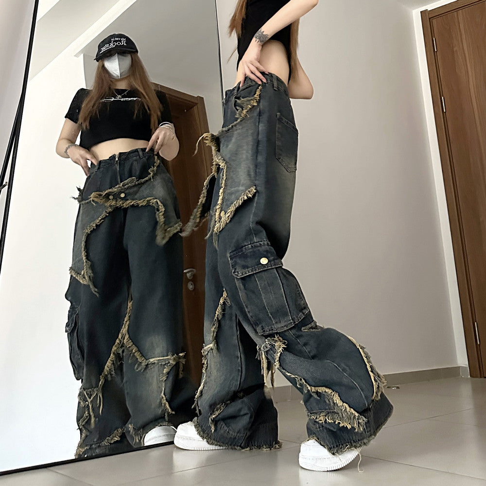 back 2 school outfits American-Style Retro Loose Slimming Jeans Women's Spring and Summer Design Frayed Mop Pants Straight Wide-Leg Pants Fashion