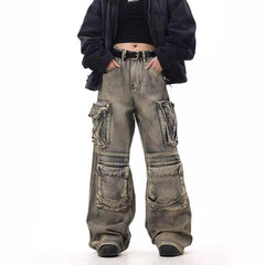 hipster dress to impress American-Style Retro Washed Distressed Waste Soil Style Multi-Pocket Workwear Jeans Men's and Women's Loose Wide-Leg Straight Mop Pants