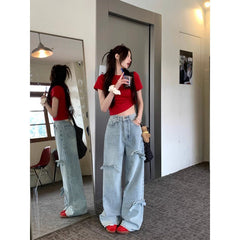 discover style ideas 2024 New Spring and Summer High Waist Straight Pants Jeans All-Match Trousers Bow Design Loose Wide Leg Pants for Women