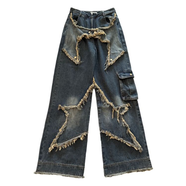 back 2 school outfits American-Style Retro Loose Slimming Jeans Women's Spring and Summer Design Frayed Mop Pants Straight Wide-Leg Pants Fashion