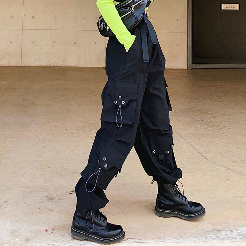 Streetwear Loose Black Cargo Pants Women Drawstring Big Pockets Trousers Baggy High Waist Pants Hip Hop Capri Bottom