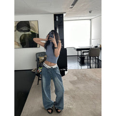 y2k outfits American Retro Jeans Design Waist Head Flanging Loose Wide-Leg Pants Simple Casual Straight Pants Ins