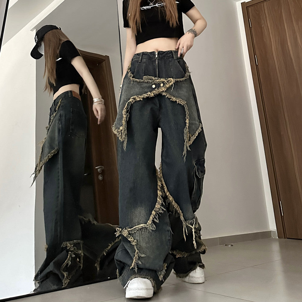 back 2 school outfits American-Style Retro Loose Slimming Jeans Women's Spring and Summer Design Frayed Mop Pants Straight Wide-Leg Pants Fashion