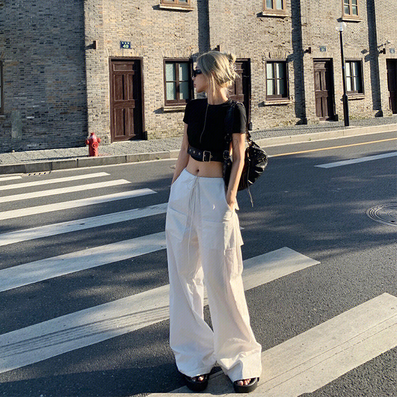 casual summer outfits American Retro White Overalls Kendou Casual Slimming Wide-Leg Pants Mopping Low Waist Hot Girl Drawstring Trousers