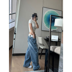 y2k outfits American Retro Jeans Design Waist Head Flanging Loose Wide-Leg Pants Simple Casual Straight Pants Ins