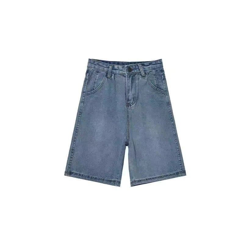 90s streetwear Summer New Light Blue Five Points Denim Shorts Women's Washed Distressed High Waist Loose All-Match Straight Wide Leg Pants