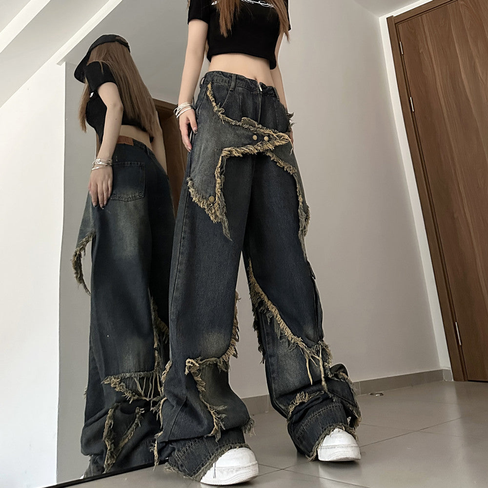 back 2 school outfits American-Style Retro Loose Slimming Jeans Women's Spring and Summer Design Frayed Mop Pants Straight Wide-Leg Pants Fashion