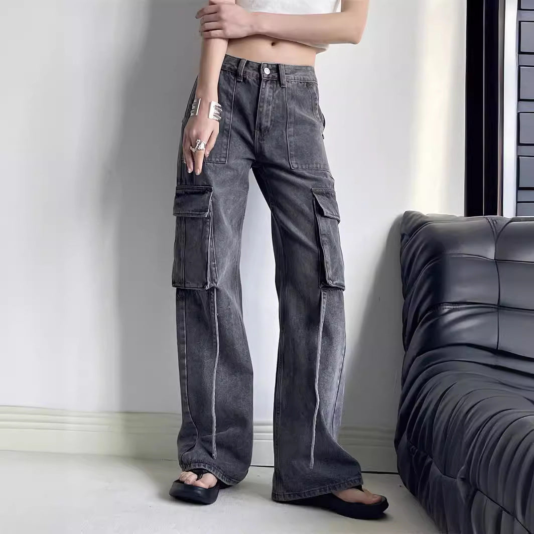 leapord halloween outfit Chic Spring/Summer 2024 High Waist American Workwear Jeans Women's Casual Straight Pants Multi-Pocket X2098