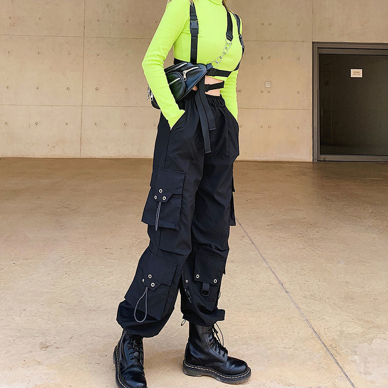 Streetwear Loose Black Cargo Pants Women Drawstring Big Pockets Trousers Baggy High Waist Pants Hip Hop Capri Bottom