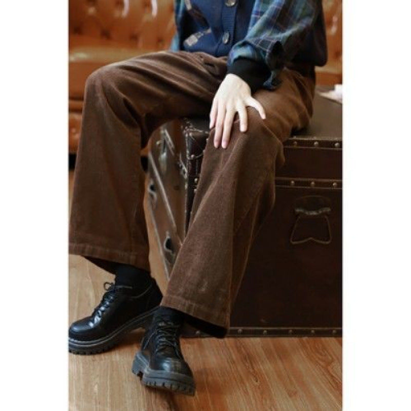 dream clothes Fleece-lined Corduroy Pants Women's Straight Slimming Winter 2024 Retro Casual Trousers Brown High Waist Wide Leg Pants