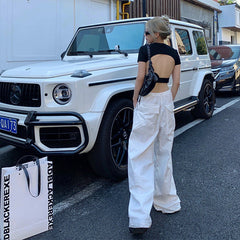 casual summer outfits American Retro White Overalls Kendou Casual Slimming Wide-Leg Pants Mopping Low Waist Hot Girl Drawstring Trousers