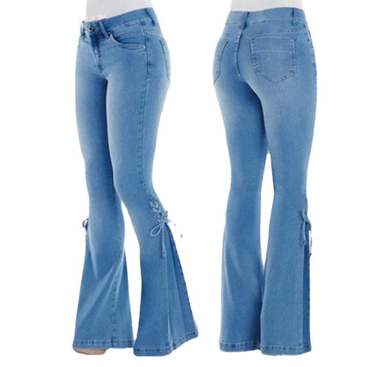 2000s dti Women's Jeans Mid-Waist Lace-up Denim Trousers Stretch Jeans Women's Flared Pants