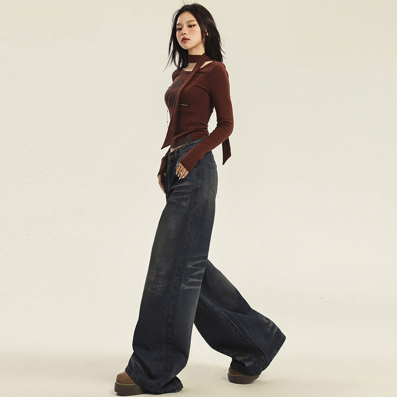 2000s dti Retro Waste Soil Style Wide-Leg Jeans Women's Autumn New High Waist Loose Slimming Straight Lazy Draping Mop Pants