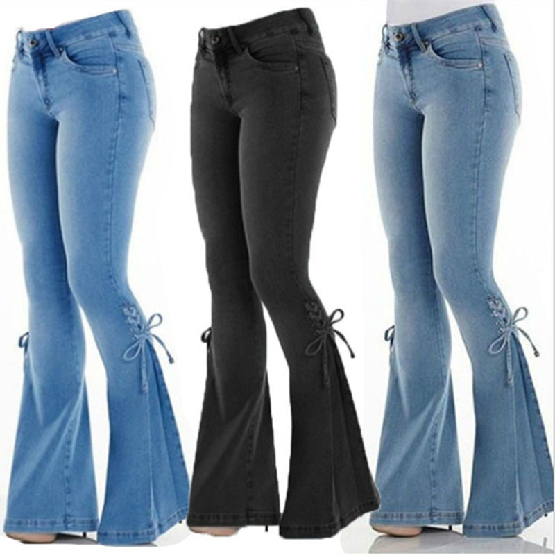 2000s dti Women's Jeans Mid-Waist Lace-up Denim Trousers Stretch Jeans Women's Flared Pants