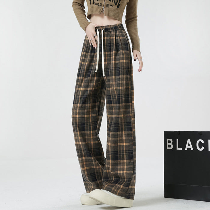 grunge outfits Korean Style New Yellow Plaid Pants Women's Spring and Autumn High Waist Draping Casual Slimming Retro Straight Wide Leg Pants