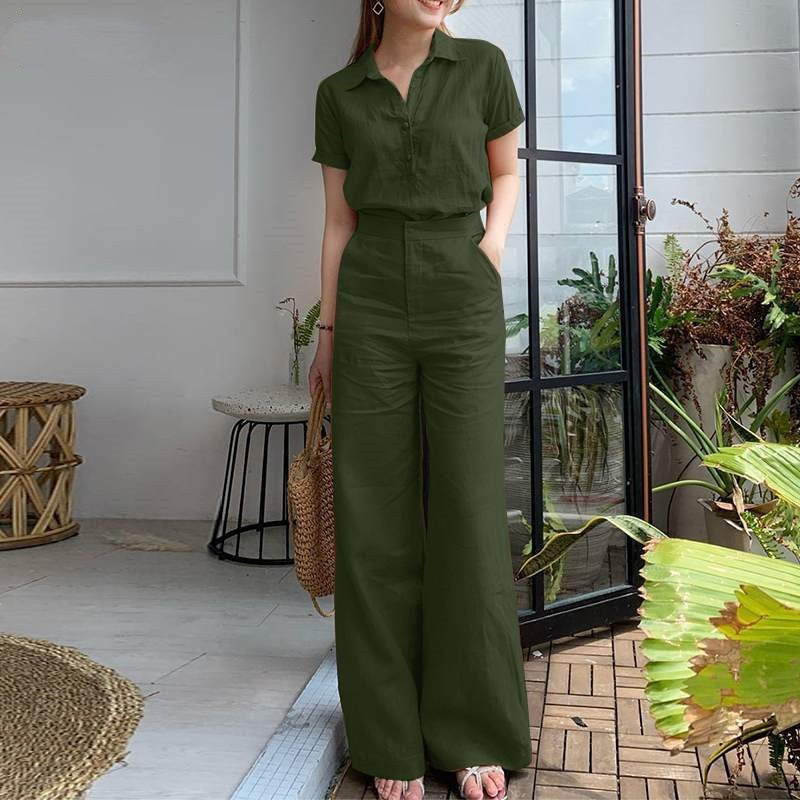 business casual outfits Women's Fashion Suit Women's Lapel Cotton Linen Solid Color Short Sleeve Pocket Wide Leg Pants
