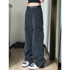 leapord halloween outfit American Style Workwear Mop Jeans Women's Autumn Black Gray High Waist Straight Pants Loose Slimming Wide Leg Pants Fashion