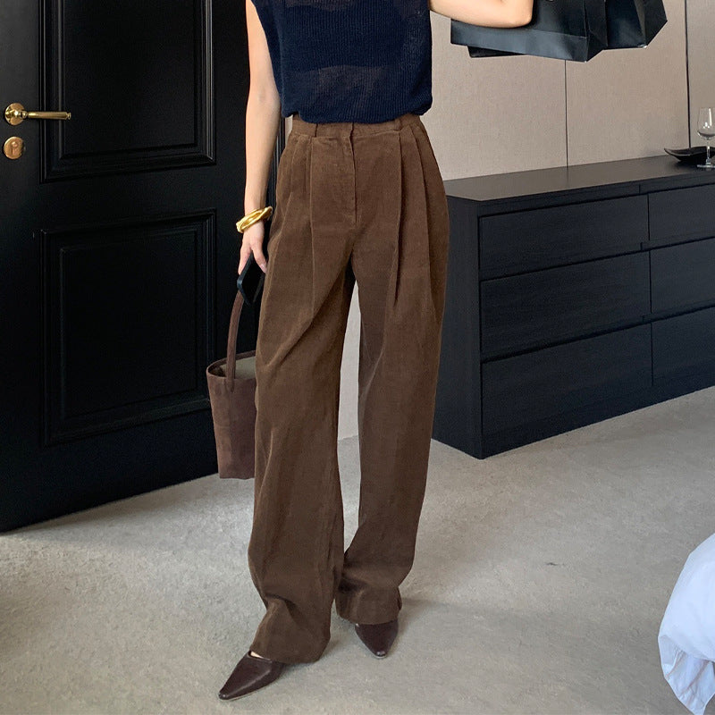 dream clothes 2024 Spring New Retro Dark Brown Caramel Loose Straight Corduroy Women's Pants