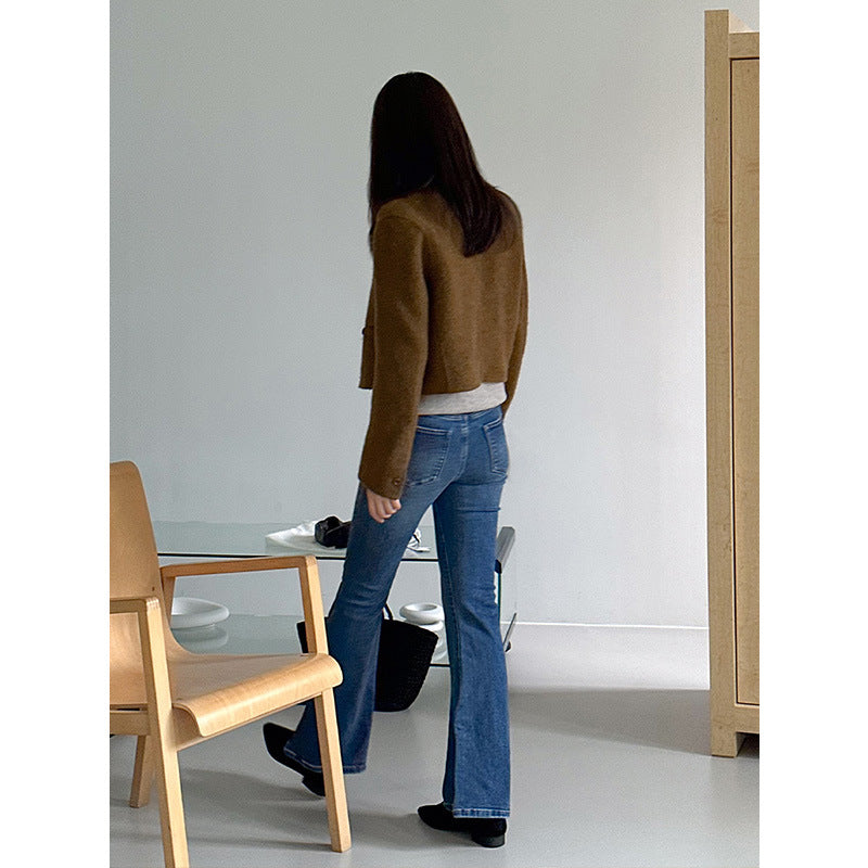 2000s fashion Women's Fashionable and Exquisite Casual Brushed Mid-Waist Slim-Fit Flared Pants Denim Long Pants 03585