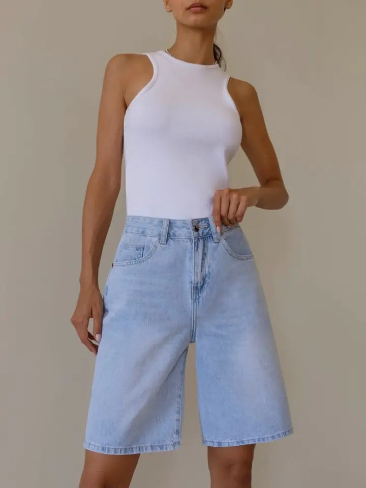 90s streetwear American Retro 2024 Summer New Denim Fifth Pants Women's Design Sense Niche Loose Wide Leg Straight Pants Fashion