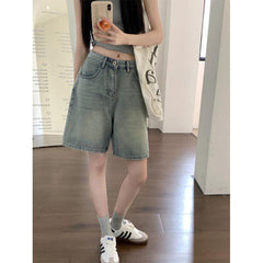 90s streetwear Summer New Light Blue Five Points Denim Shorts Women's Washed Distressed High Waist Loose All-Match Straight Wide Leg Pants