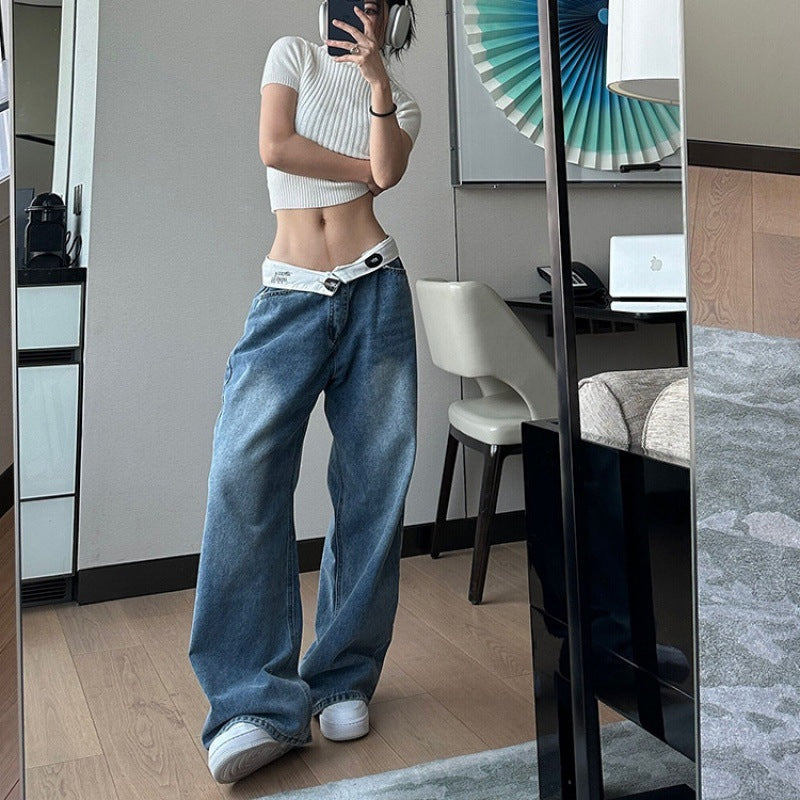 y2k outfits American Retro Jeans Design Waist Head Flanging Loose Wide-Leg Pants Simple Casual Straight Pants Ins