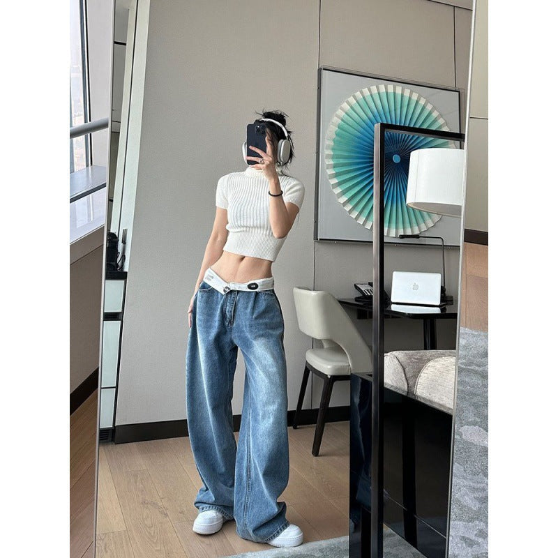 y2k outfits American Retro Jeans Design Waist Head Flanging Loose Wide-Leg Pants Simple Casual Straight Pants Ins