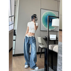 y2k outfits American Retro Jeans Design Waist Head Flanging Loose Wide-Leg Pants Simple Casual Straight Pants Ins