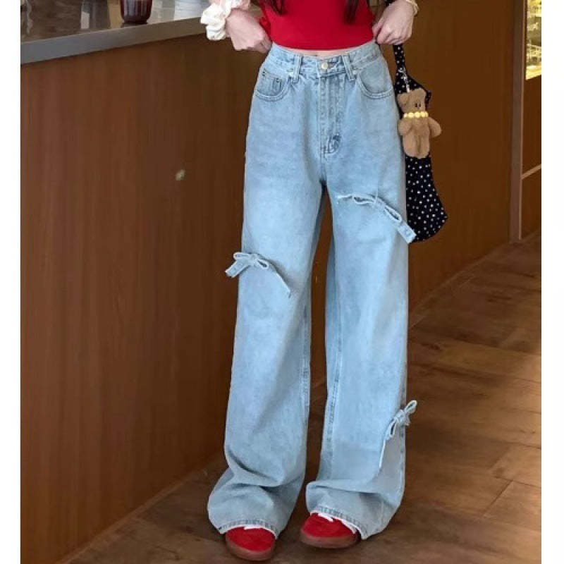 discover style ideas 2024 New Spring and Summer High Waist Straight Pants Jeans All-Match Trousers Bow Design Loose Wide Leg Pants for Women