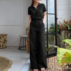 business casual outfits Women's Fashion Suit Women's Lapel Cotton Linen Solid Color Short Sleeve Pocket Wide Leg Pants