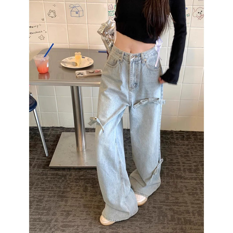 discover style ideas 2024 New Spring and Summer High Waist Straight Pants Jeans All-Match Trousers Bow Design Loose Wide Leg Pants for Women