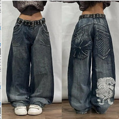 90s streetwear American Retro Distressed Pattern Printing Design Ins Wide-Leg Pants Men and Women Same Style Street High Street Wear