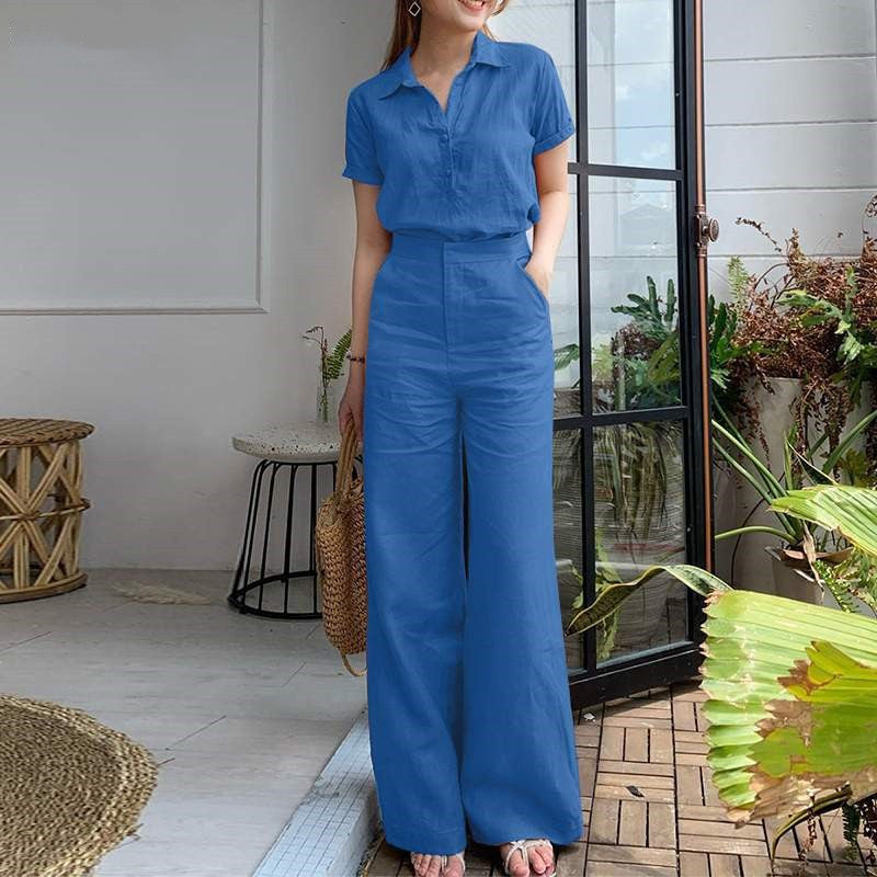 business casual outfits Women's Fashion Suit Women's Lapel Cotton Linen Solid Color Short Sleeve Pocket Wide Leg Pants