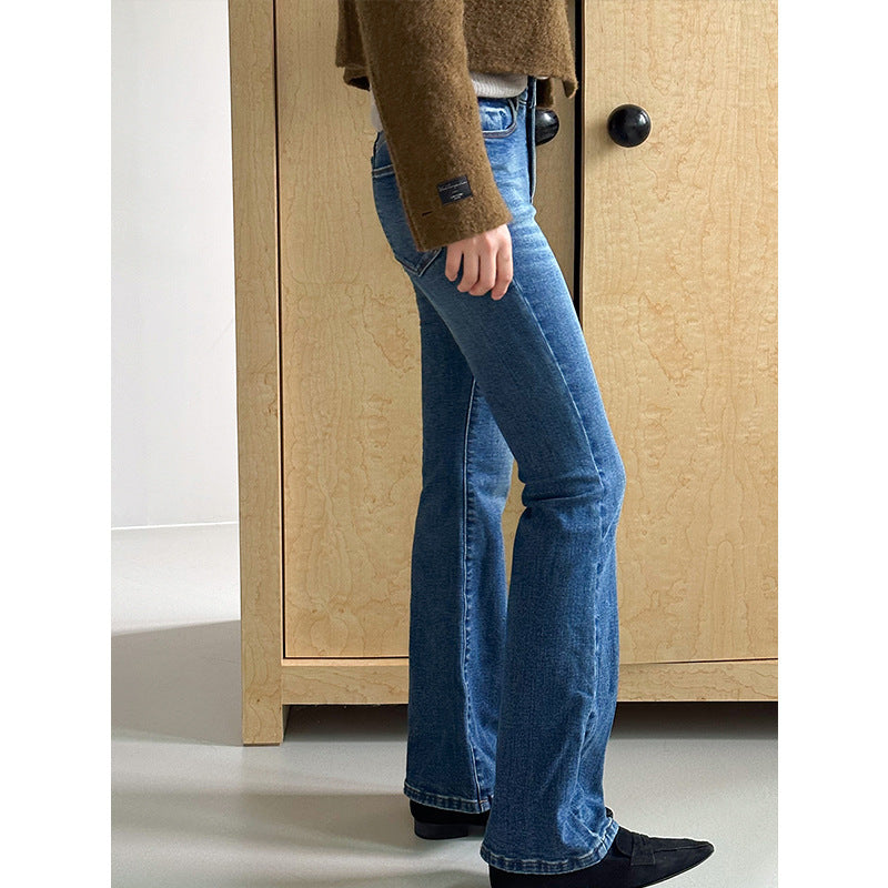 2000s fashion Women's Fashionable and Exquisite Casual Brushed Mid-Waist Slim-Fit Flared Pants Denim Long Pants 03585