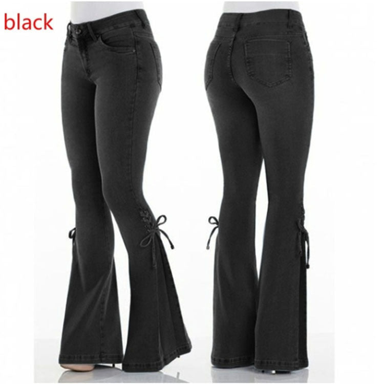 2000s dti Women's Jeans Mid-Waist Lace-up Denim Trousers Stretch Jeans Women's Flared Pants