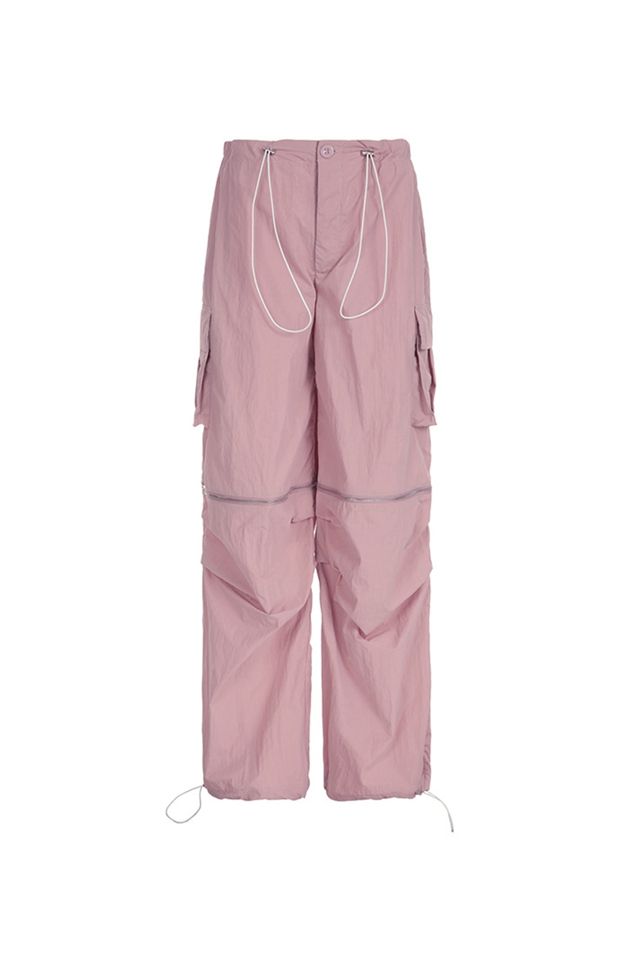 Pink Drawstring Zipper Cargo Long Pants