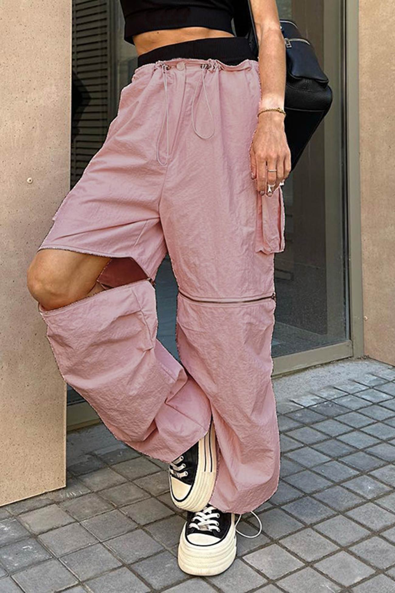 Pink Drawstring Zipper Cargo Long Pants