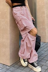 Pink Drawstring Zipper Cargo Long Pants