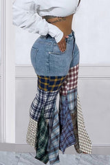 Plaid Patchwork Mid-waisted Flares Jeans