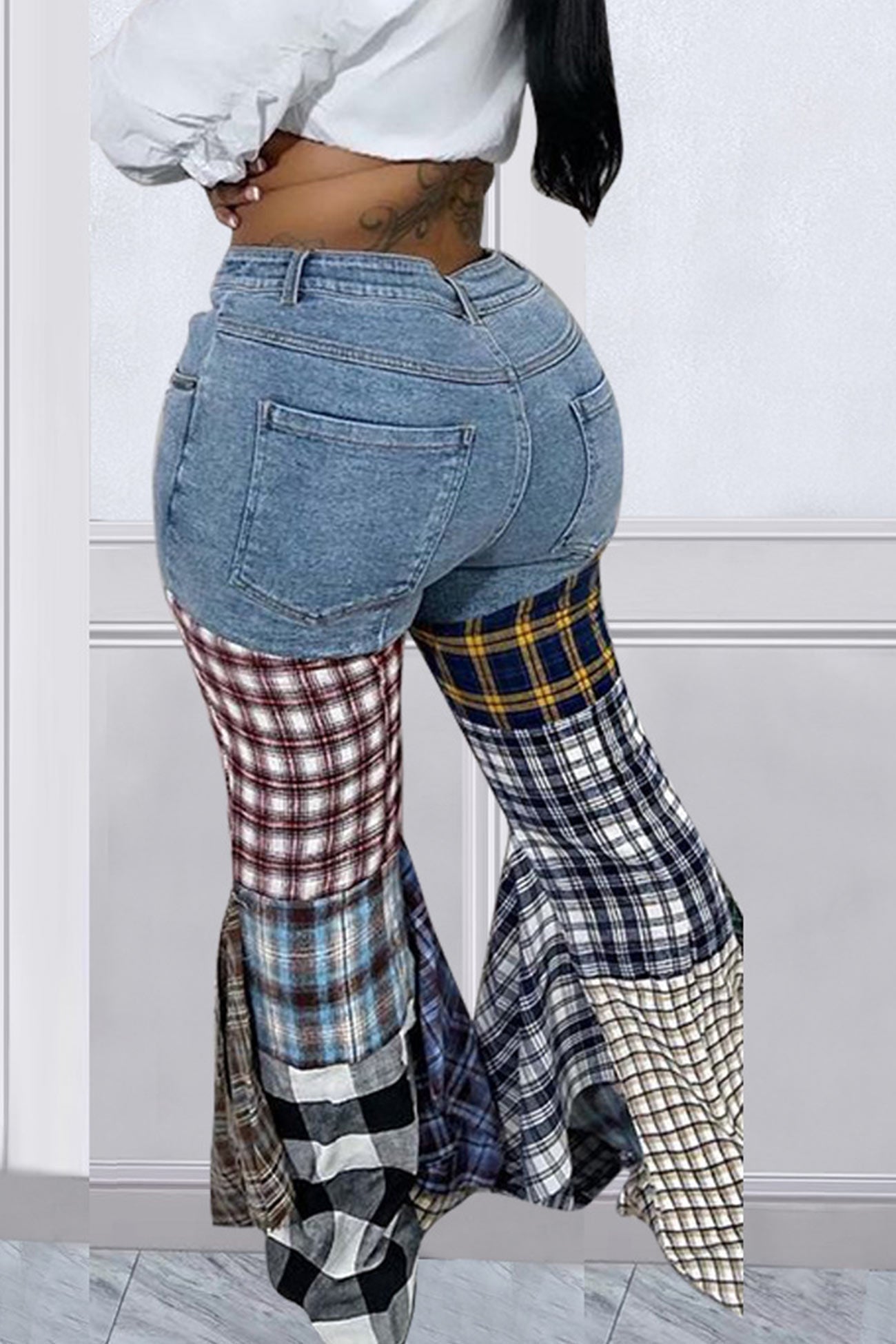 Plaid Patchwork Mid-waisted Flares Jeans