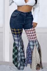 Plaid Patchwork Mid-waisted Flares Jeans