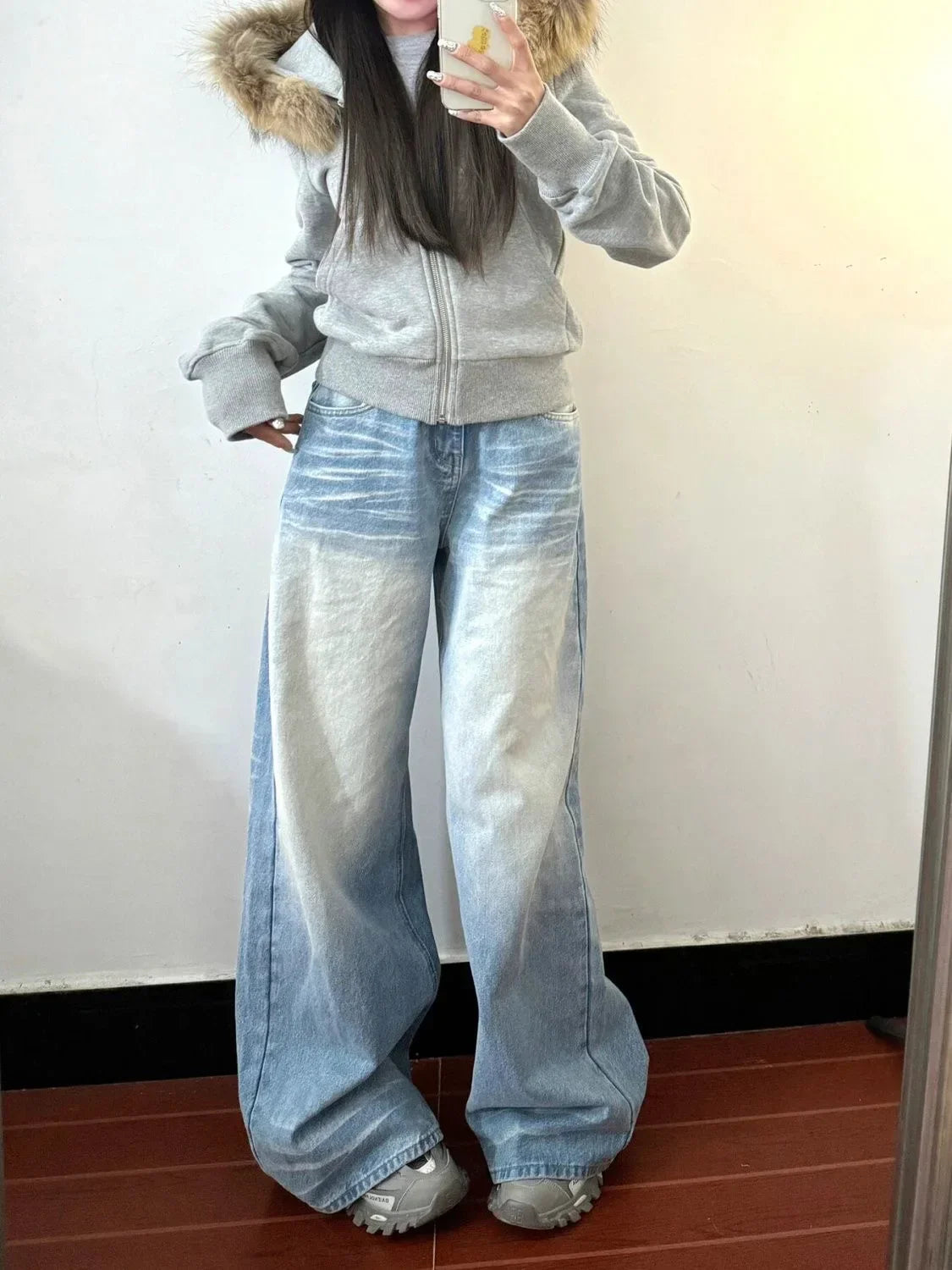 American Retro Washed Distressed Jeans for Women Fashion High Street Straight Loose Wide Leg Pants Harajuku Hip-hop Trousers