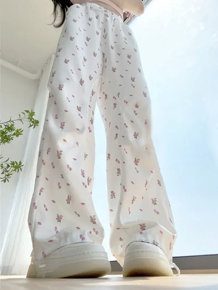 American Casual White Flower Print Cargo Pants 2024 Autumn New High Waist  Y2k E-Girl Straight Wide Leg  Women