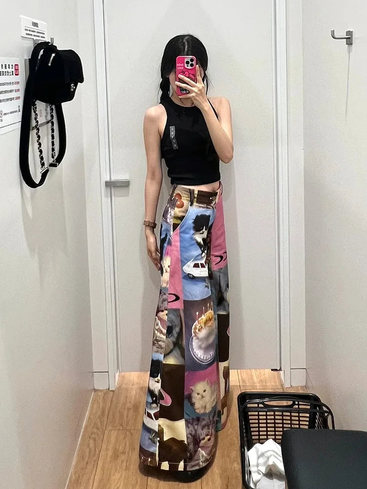 American Street Cute Cartoon Print Pants for Women 2024 New Loose Wide Leg  Y2k Grunge High Waist Straight Trousers