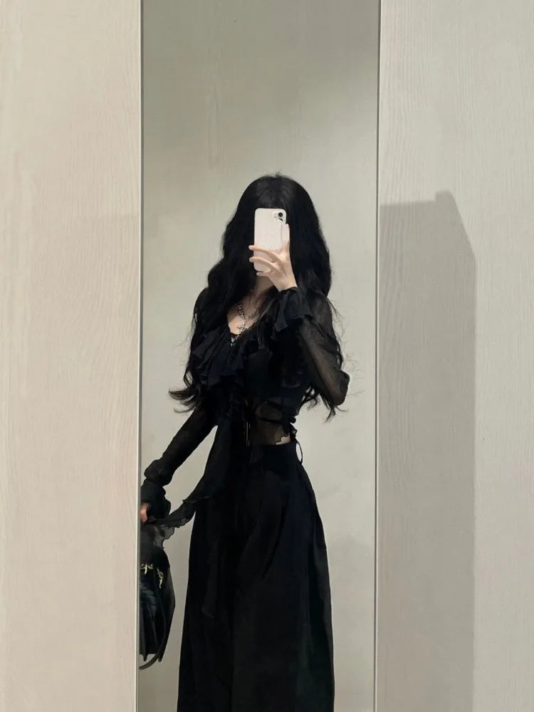 Fashion V-neck Ruffles Black Long Sleeve Cardigan Mujer+ Y2k High Waist Loose Wide Leg Pants 2024 Summer New Two Piece Sets