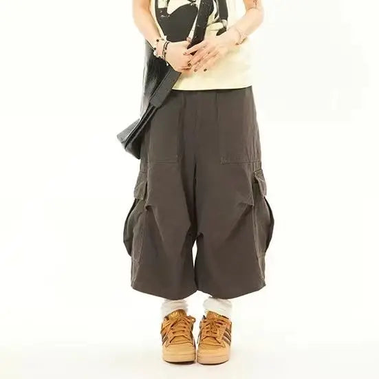 Oversize American High Street Retro Pocket Cargo Shorts 2024 Summer New Wide Leg Pants Y2k Loose Straight Calf- Length