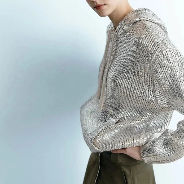 Zilda Silver Metallic Hoodie Sweater